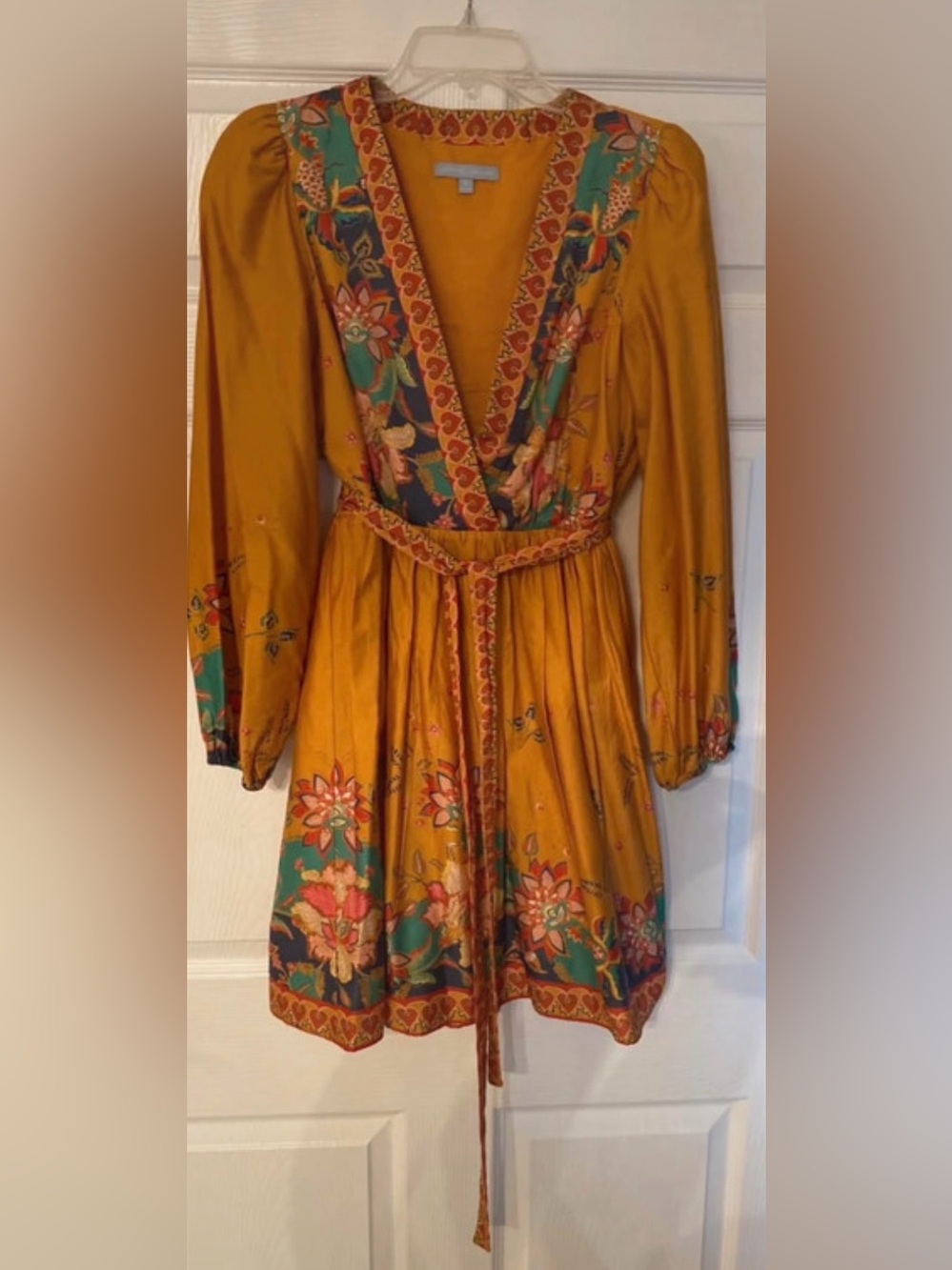 ANTONIO MELANI Mustard Floral Border Wrap Mini Dress with Teal Accents